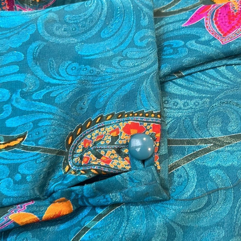 Vintage 70’s Lord&Taylor paisley print teal dress w/shoulder pads,elastic waist. - Picture 10 of 14